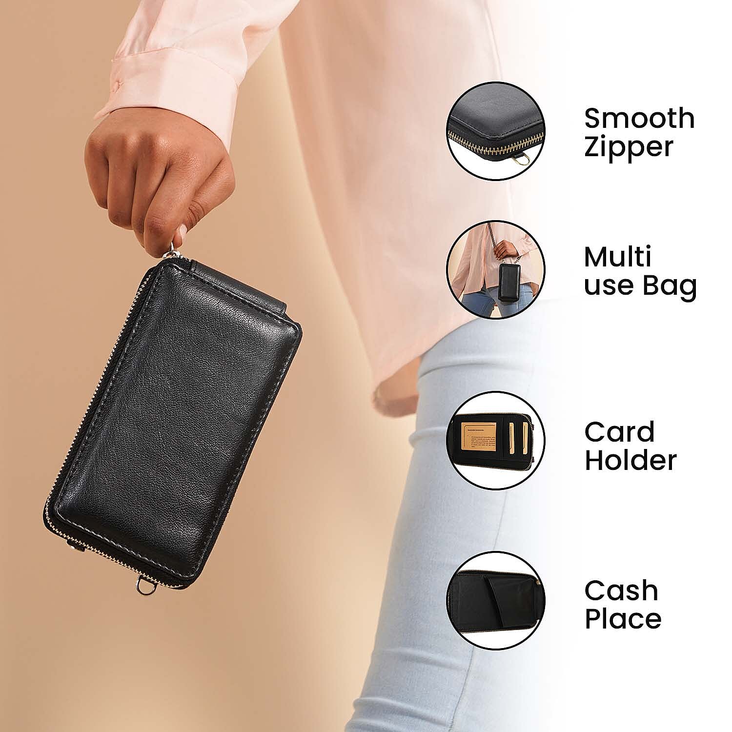 Genuine Leather Mobile Wallet - Black