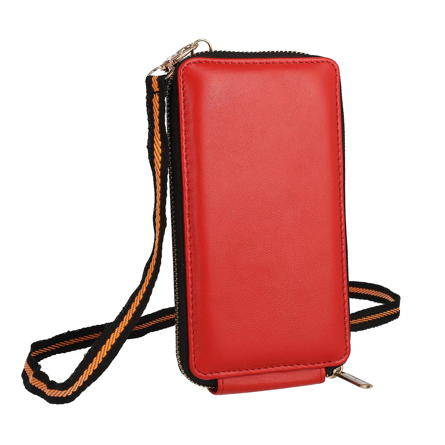 100% Genuine Leather RFID Protected Mobile Wallet with Shoulder Strap (Size 18x10x1 Cm) - Red