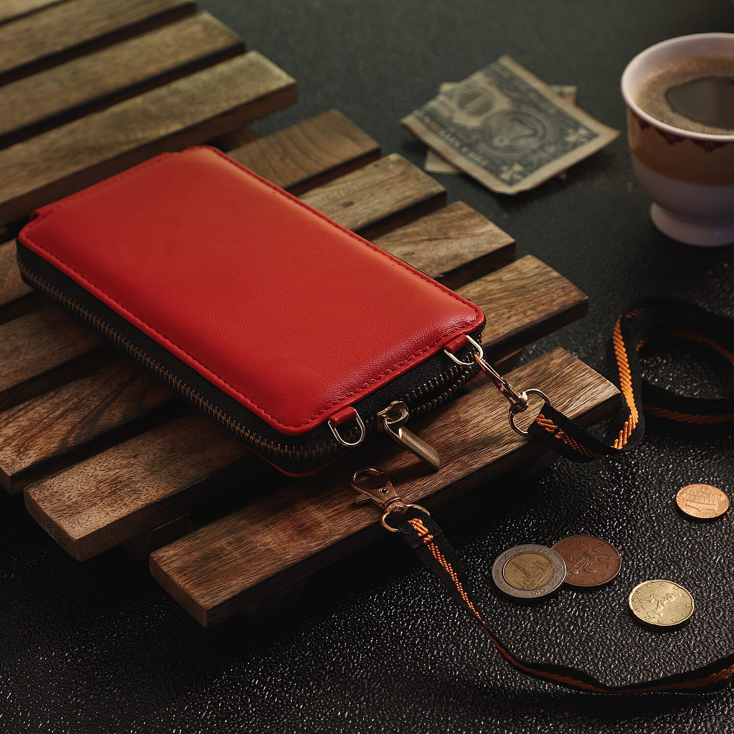 100% Genuine Leather RFID Protected Mobile Wallet with Shoulder Strap (Size 18x10x1 Cm) - Red