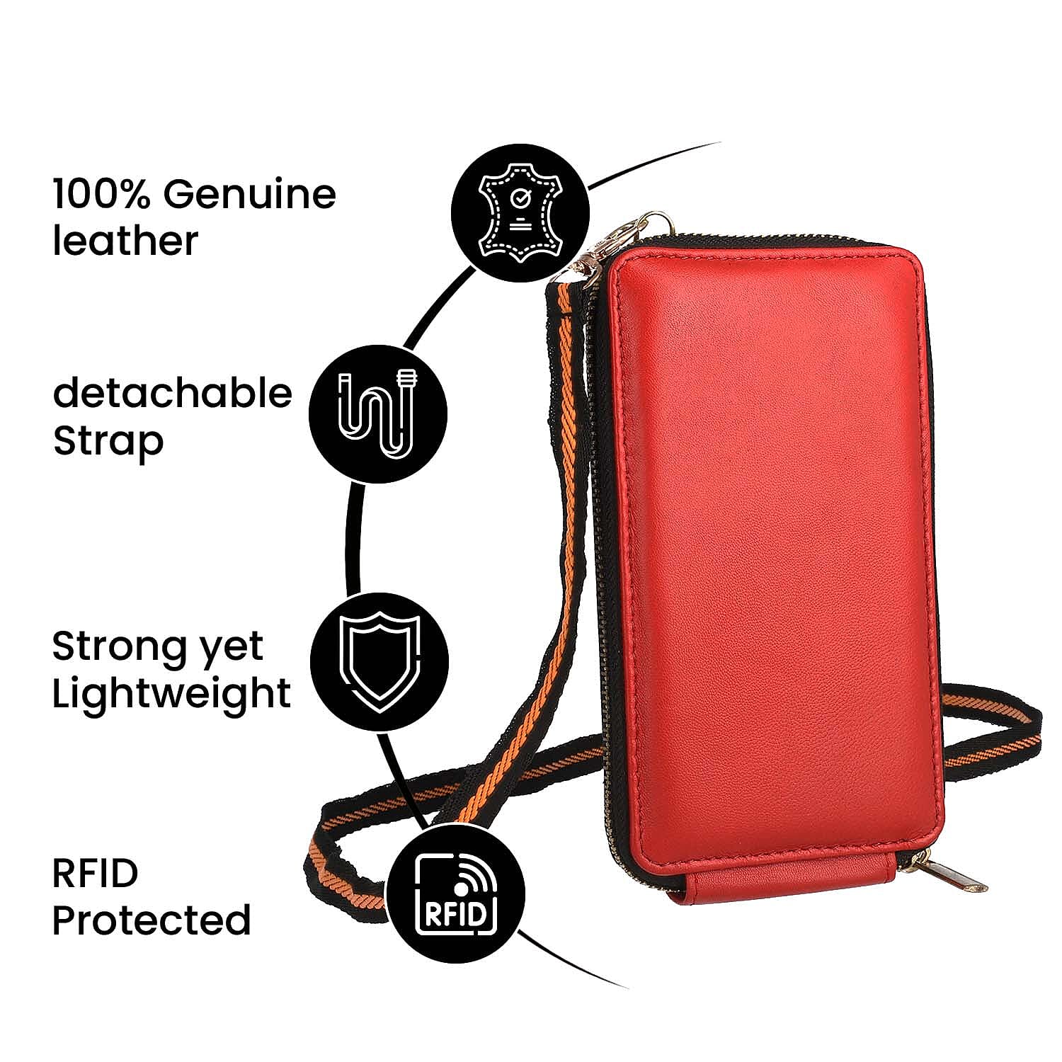100% Genuine Leather RFID Protected Mobile Wallet with Shoulder Strap (Size 18x10x1 Cm) - Red