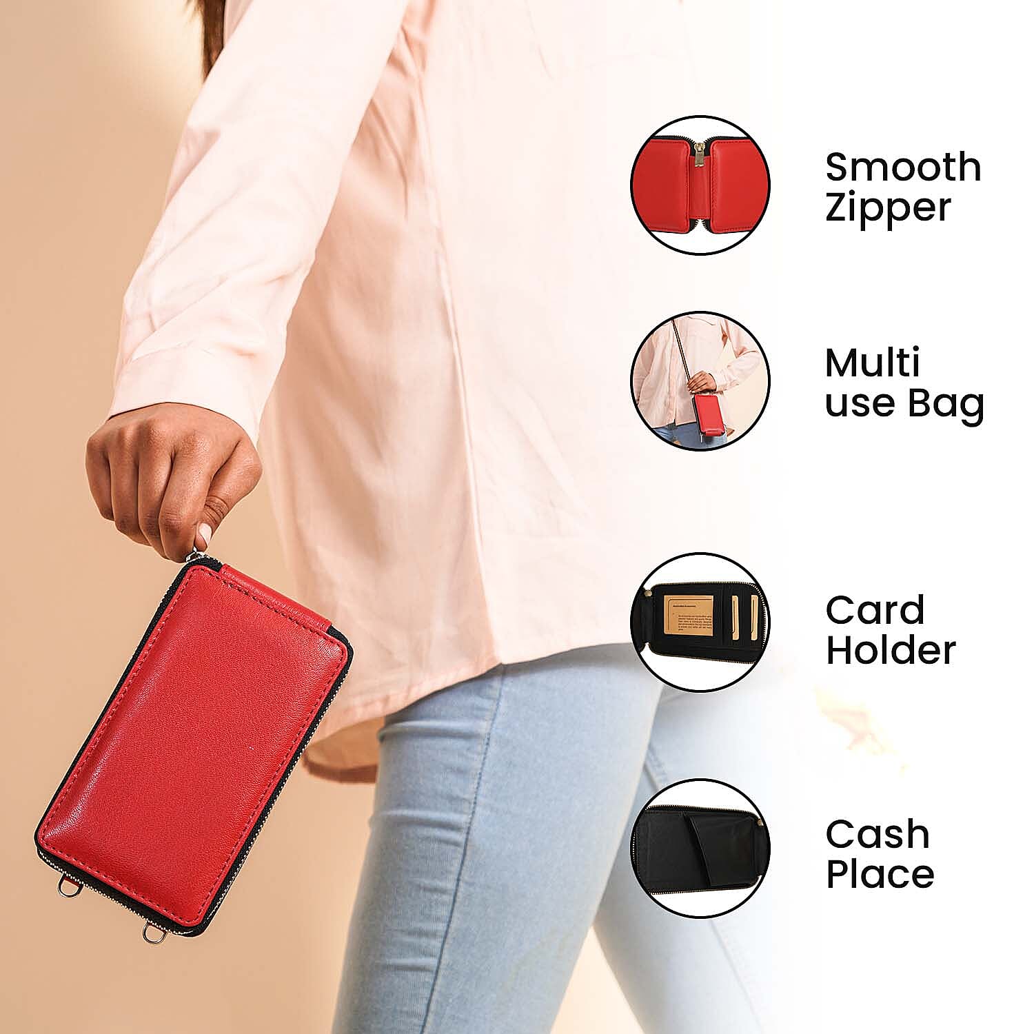 100% Genuine Leather RFID Protected Mobile Wallet with Shoulder Strap (Size 18x10x1 Cm) - Red