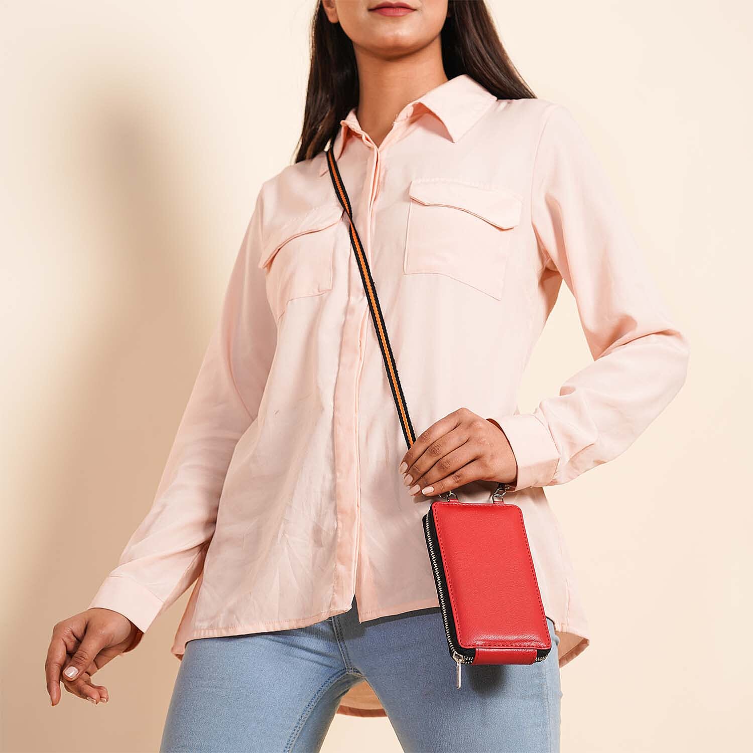 100% Genuine Leather RFID Protected Mobile Wallet with Shoulder Strap (Size 18x10x1 Cm) - Red