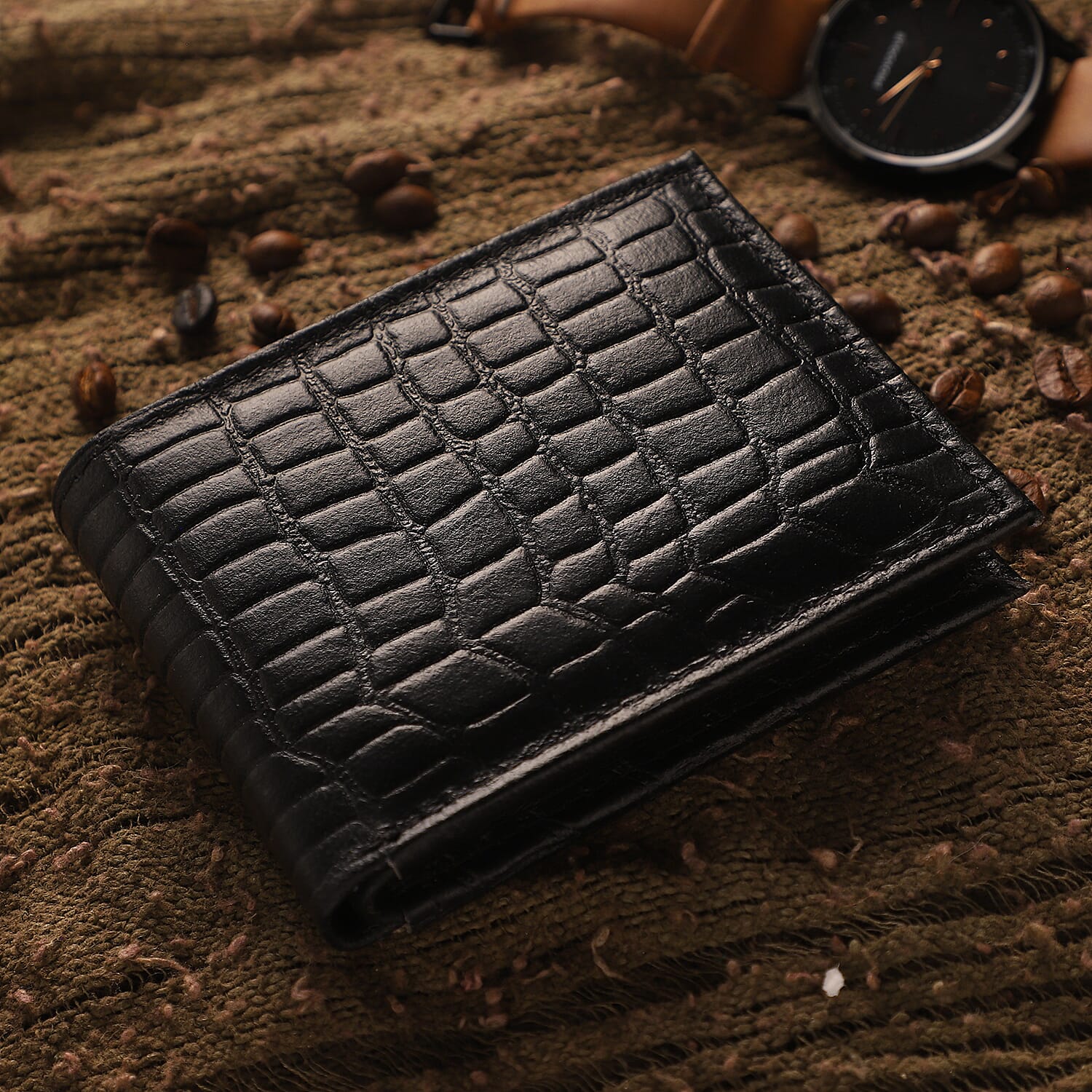 Genuine Leather Croc Embossed Mens Wallet - Black