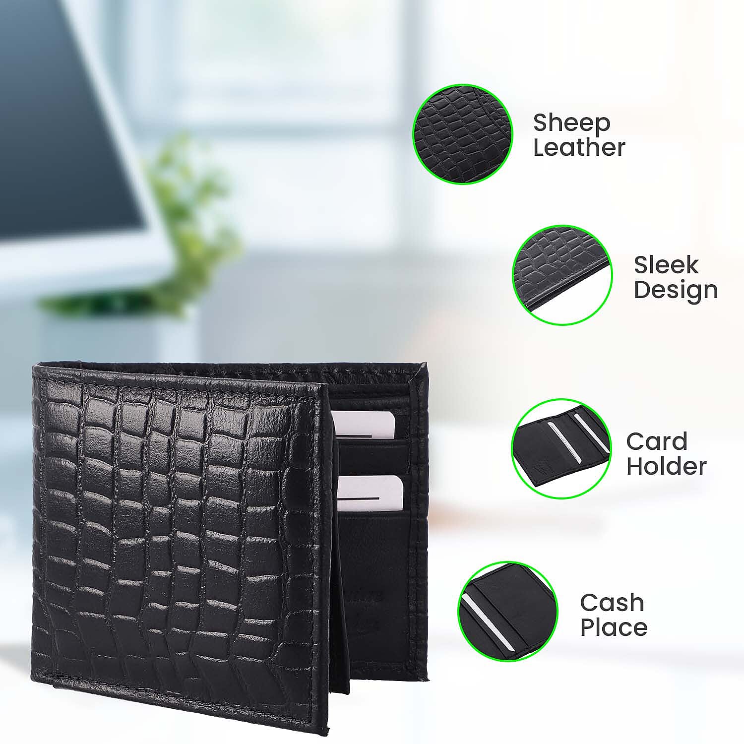 Genuine Leather Croc Embossed Mens Wallet - Black
