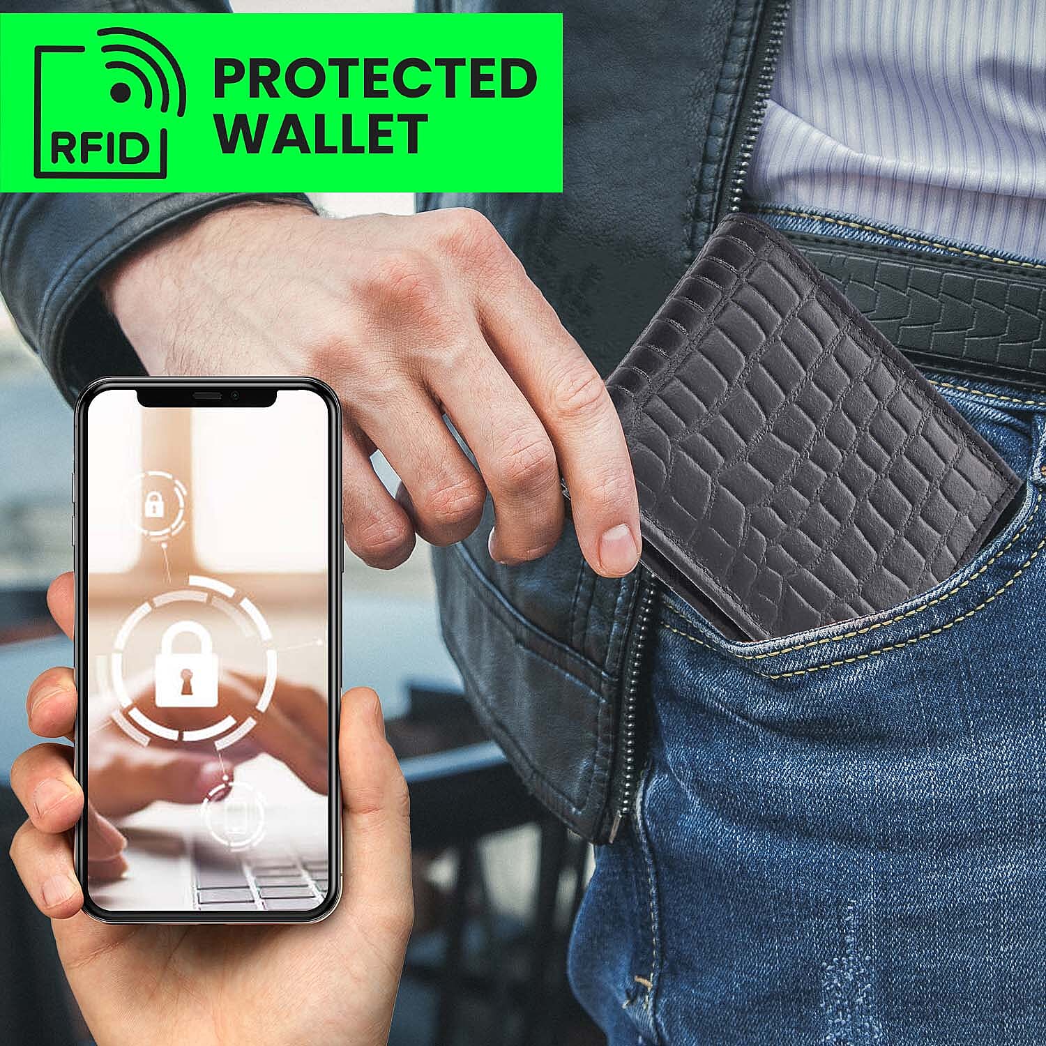 Genuine Leather Croc Embossed Mens Wallet - Black