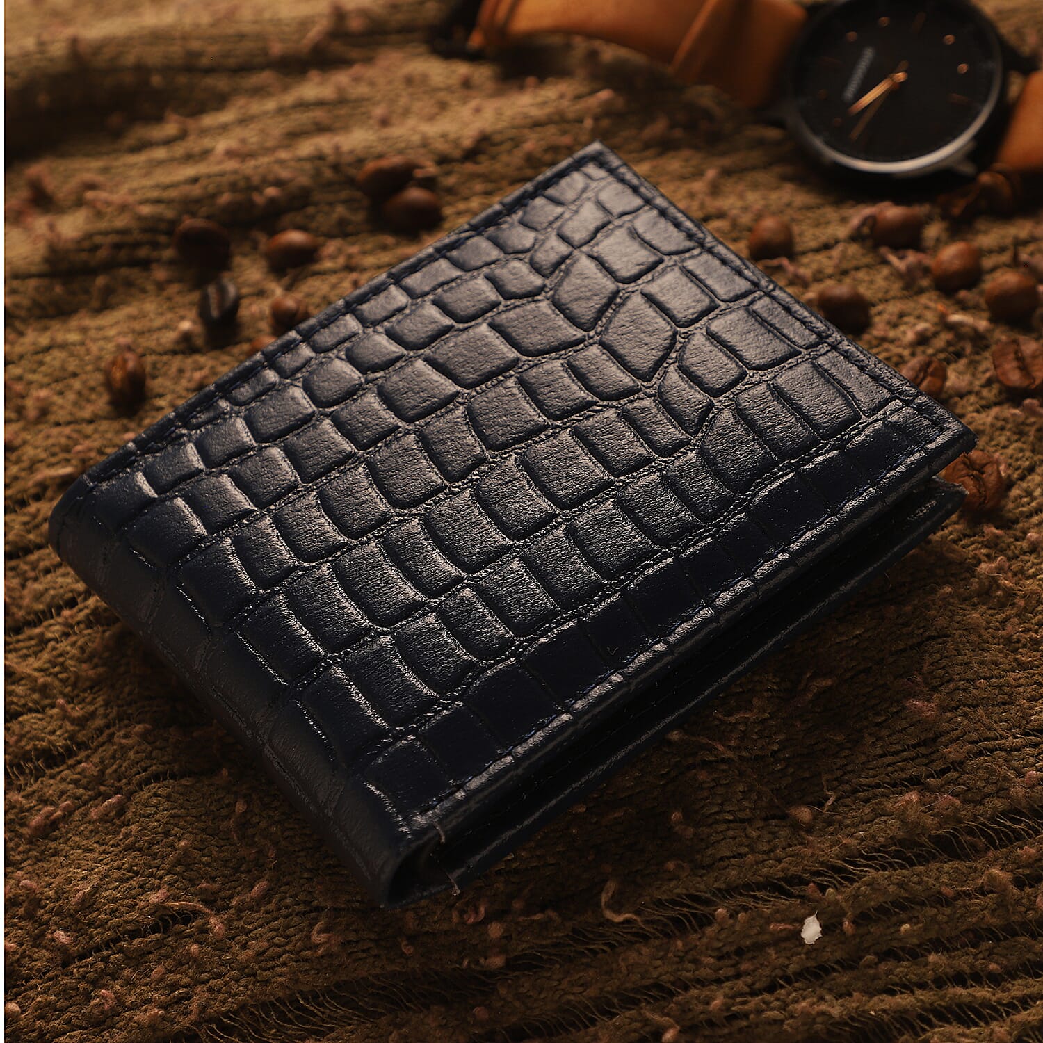 100% Genuine Leather RFID Croc Embossed Wallet with RFID Technology- Navy