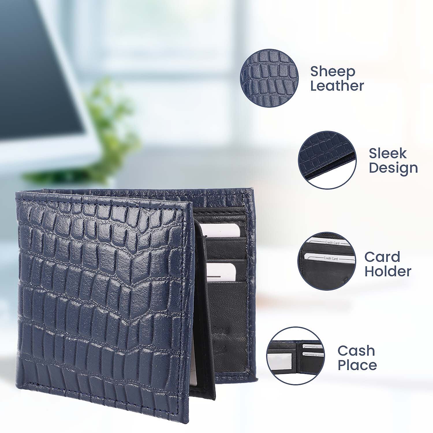 100% Genuine Leather RFID Croc Embossed Wallet with RFID Technology- Navy