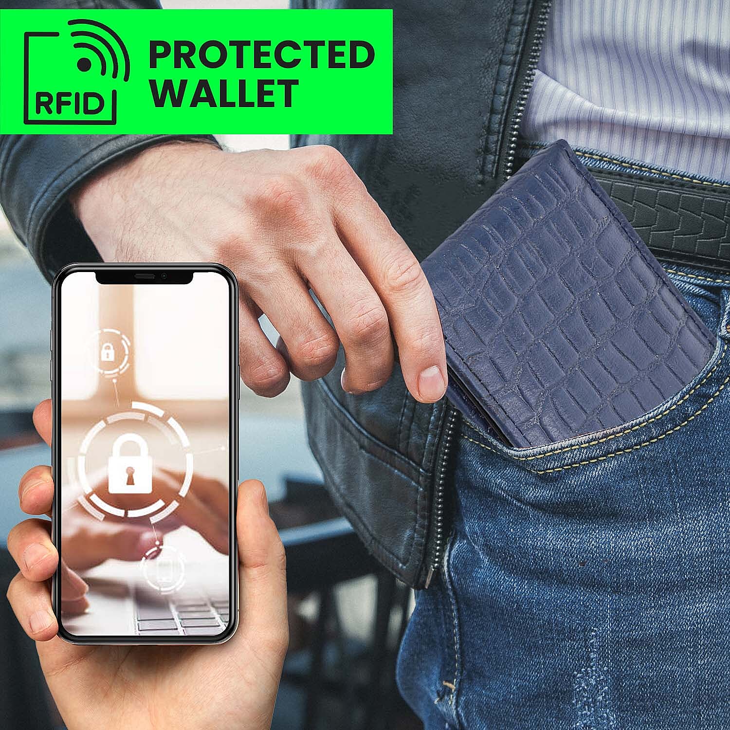 100% Genuine Leather RFID Croc Embossed Wallet with RFID Technology- Navy