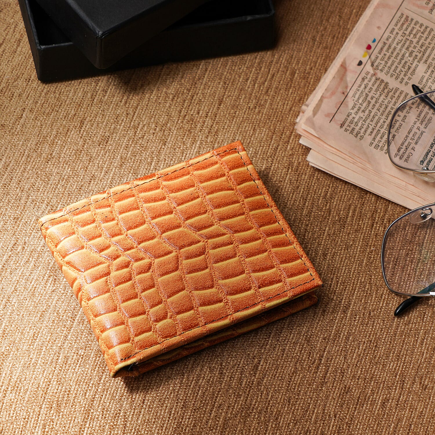 100% Genuine Leather RFID Croc Embossed Wallet with RFID Technology- Tan