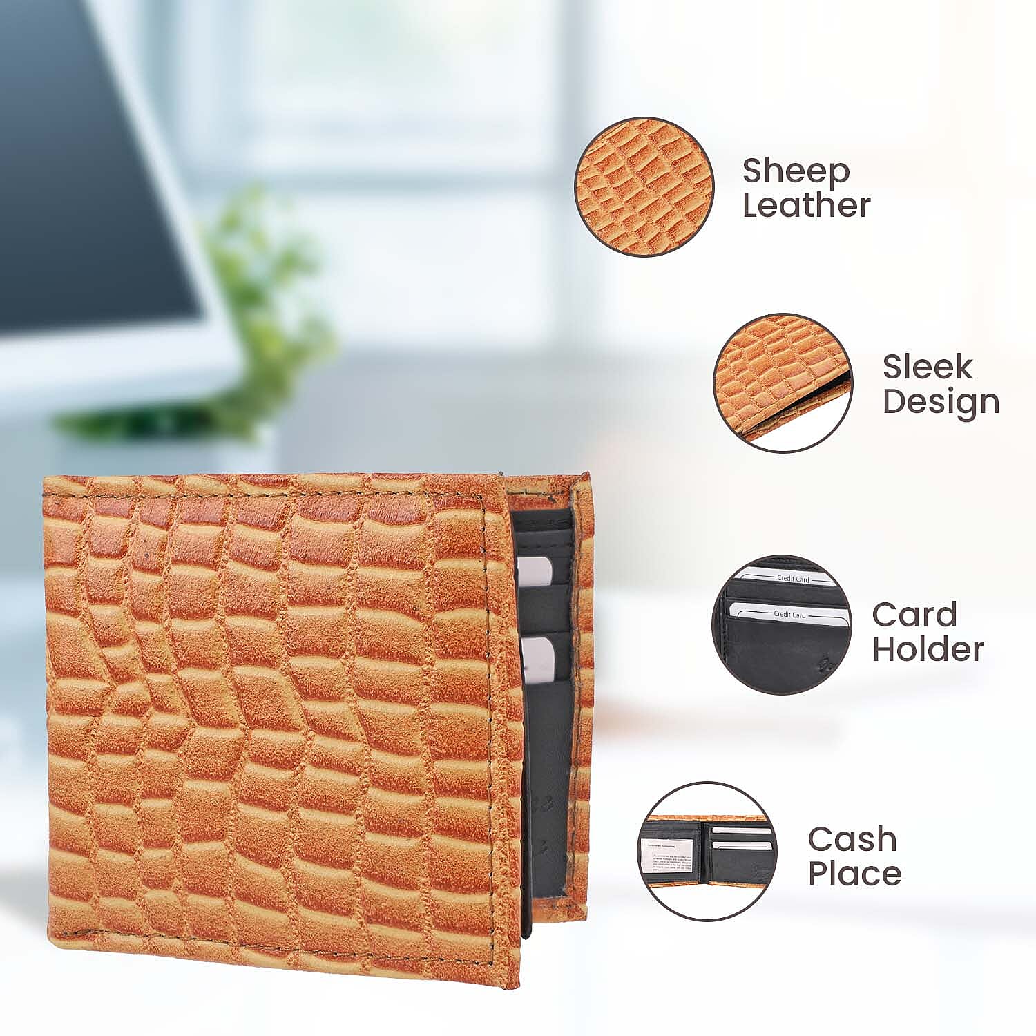 100% Genuine Leather RFID Croc Embossed Wallet with RFID Technology- Tan