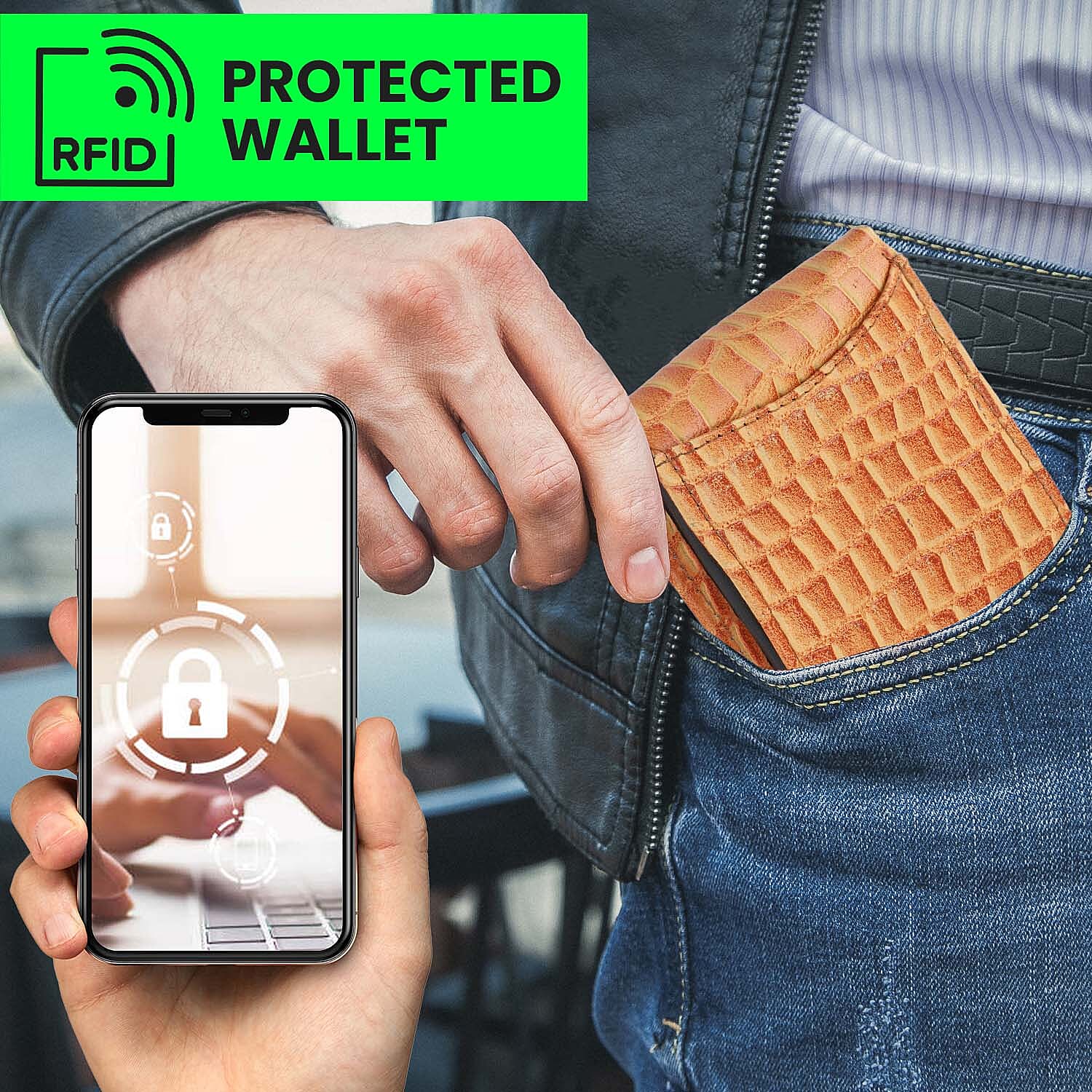 100% Genuine Leather RFID Croc Embossed Wallet with RFID Technology- Tan