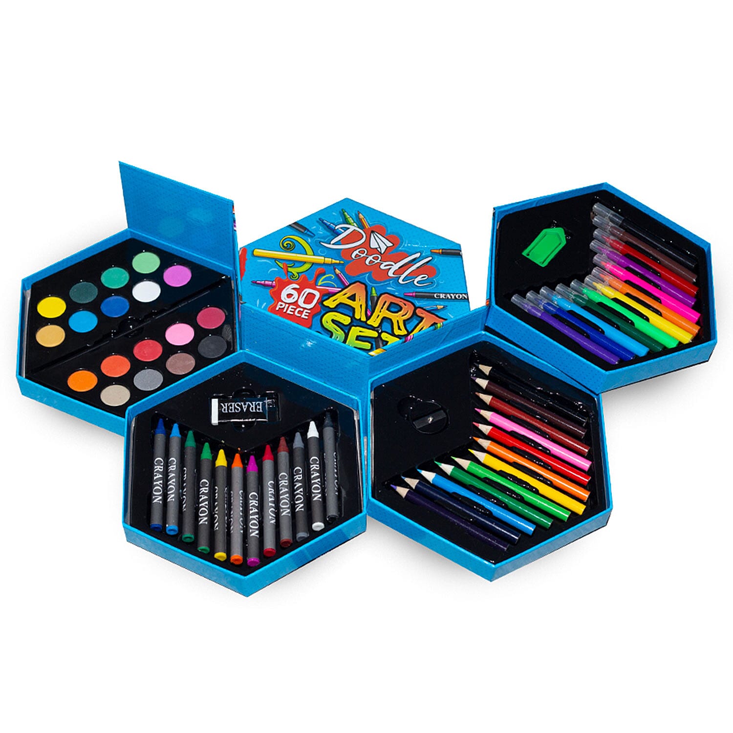 Value Buy - Doodle 60 Piece Hexagon Washable Arts and Crafts Set - Blue