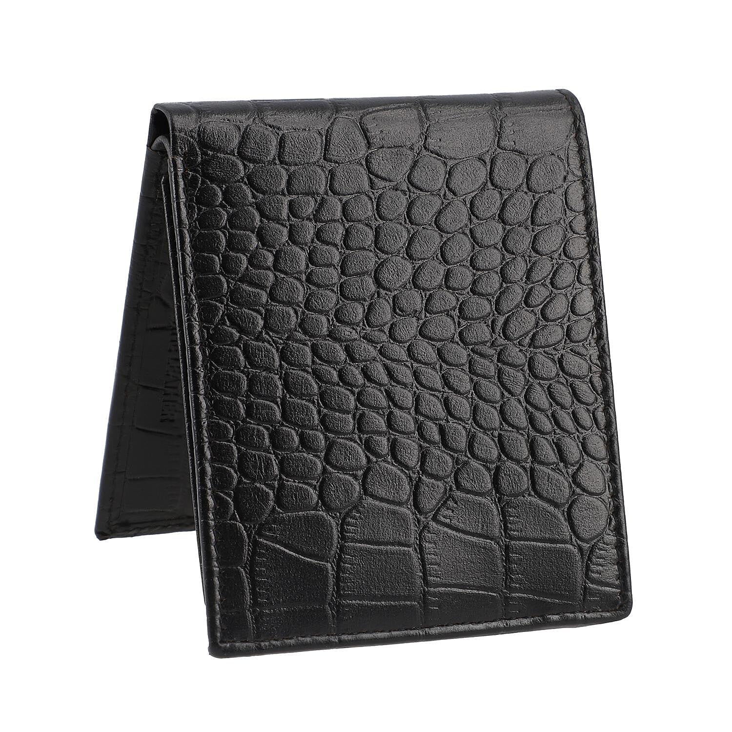 Genuine Leather Croc Embossed RFID Protected Bi-Fold Mens Wallet - Black