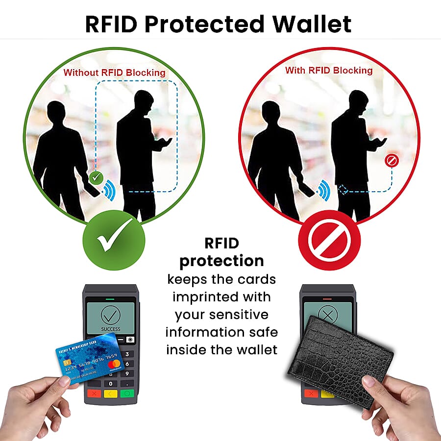 Genuine Leather Croc Embossed RFID Protected Bi-Fold Mens Wallet - Black