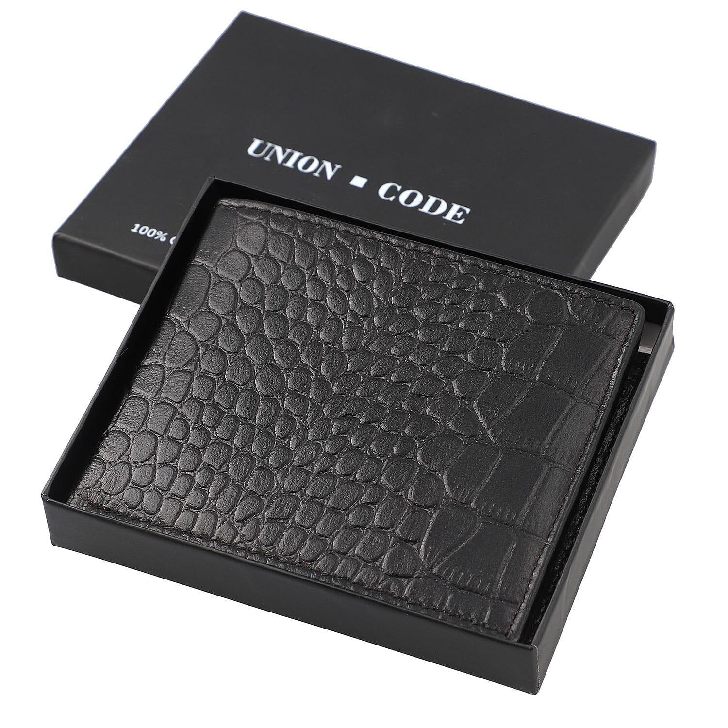 Genuine Leather Croc Embossed RFID Protected Bi-Fold Mens Wallet - Black