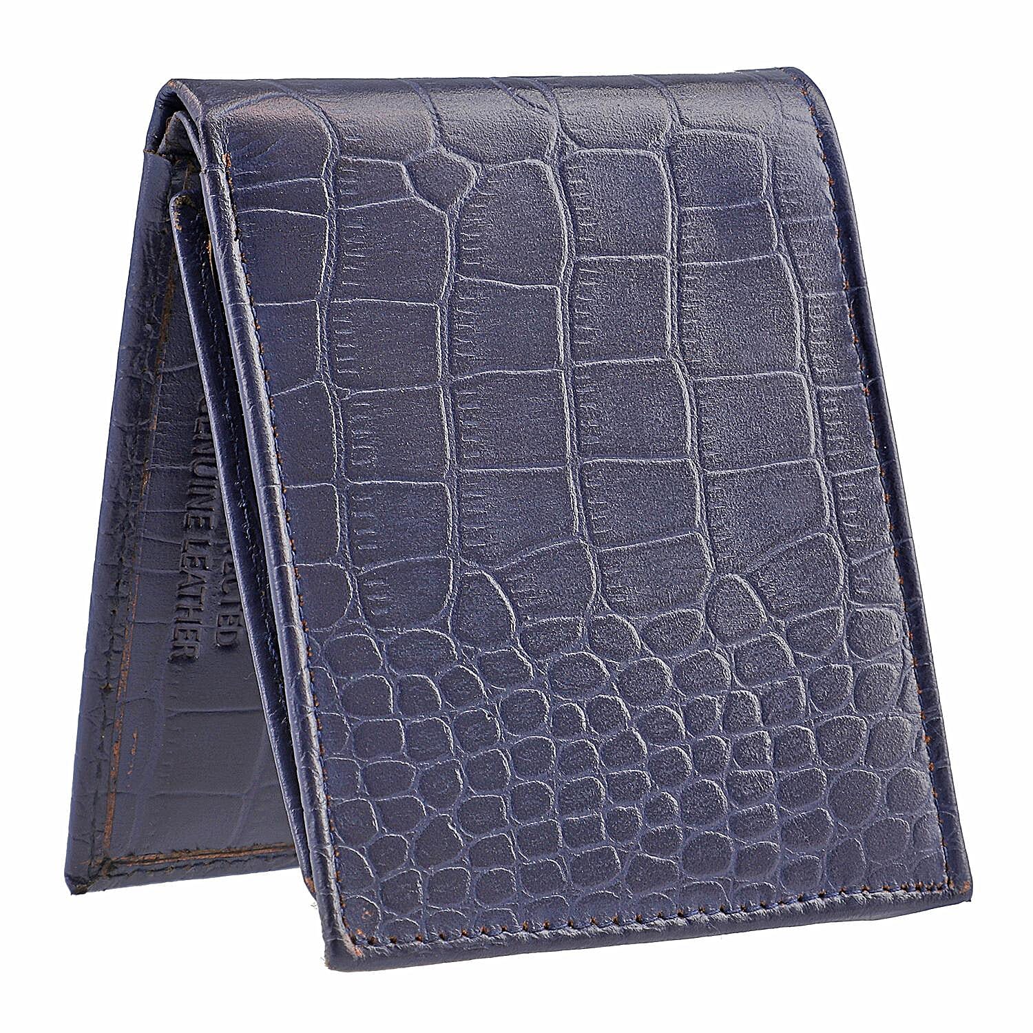 100% Genuine Leather Croc Embossed RFID Protected Bi-Fold Mens Wallet (Size 4x3 Cm) - Navy