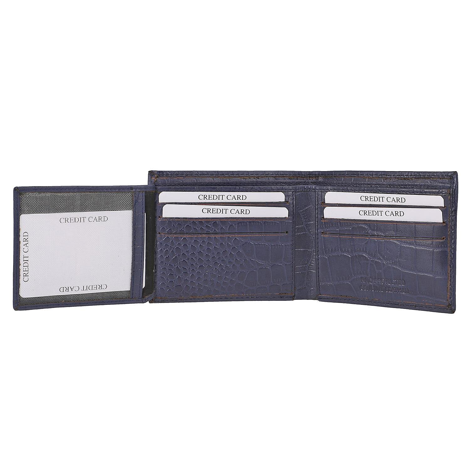100% Genuine Leather Croc Embossed RFID Protected Bi-Fold Mens Wallet (Size 4x3 Cm) - Navy