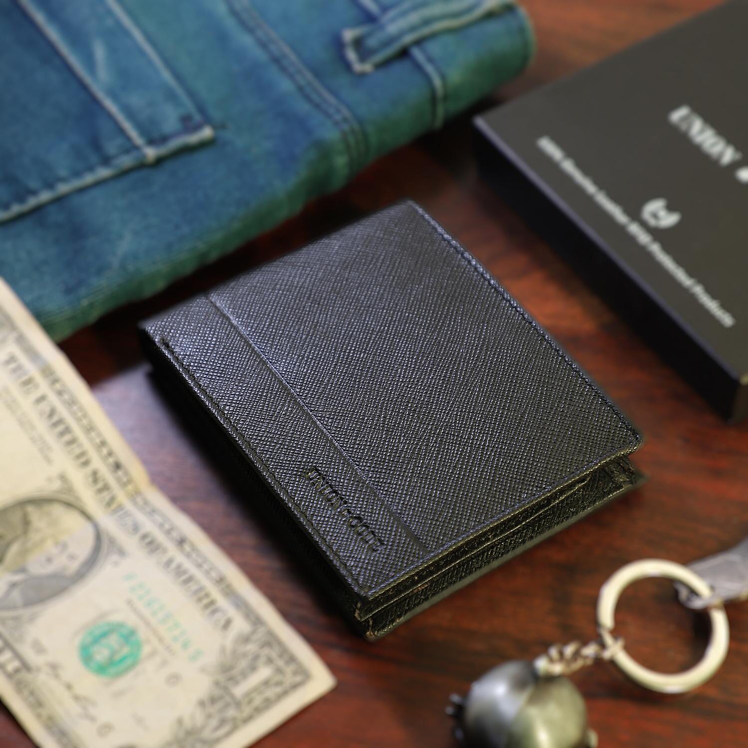 Genuine Leather RFID Protected Bi-Fold Mens Wallet - Black