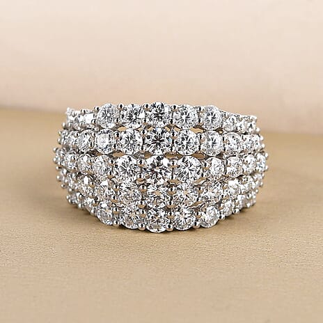 Moissanite Cluster Ring in Platinum Overlay Sterling Silver 3.44 Ct, Silver Wt. 4.60 Gms