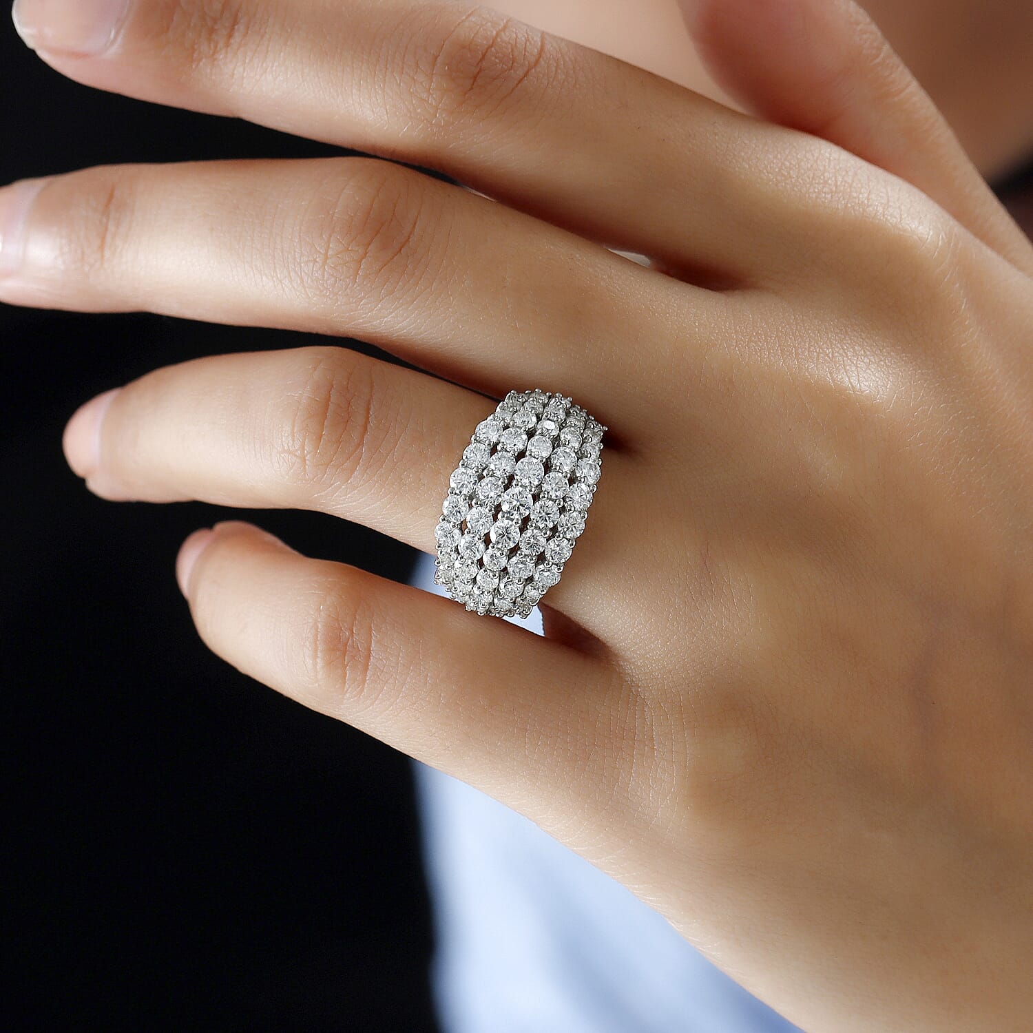 Moissanite Cluster Ring in Platinum Overlay Sterling Silver 3.44 Ct, Silver Wt. 4.60 Gms