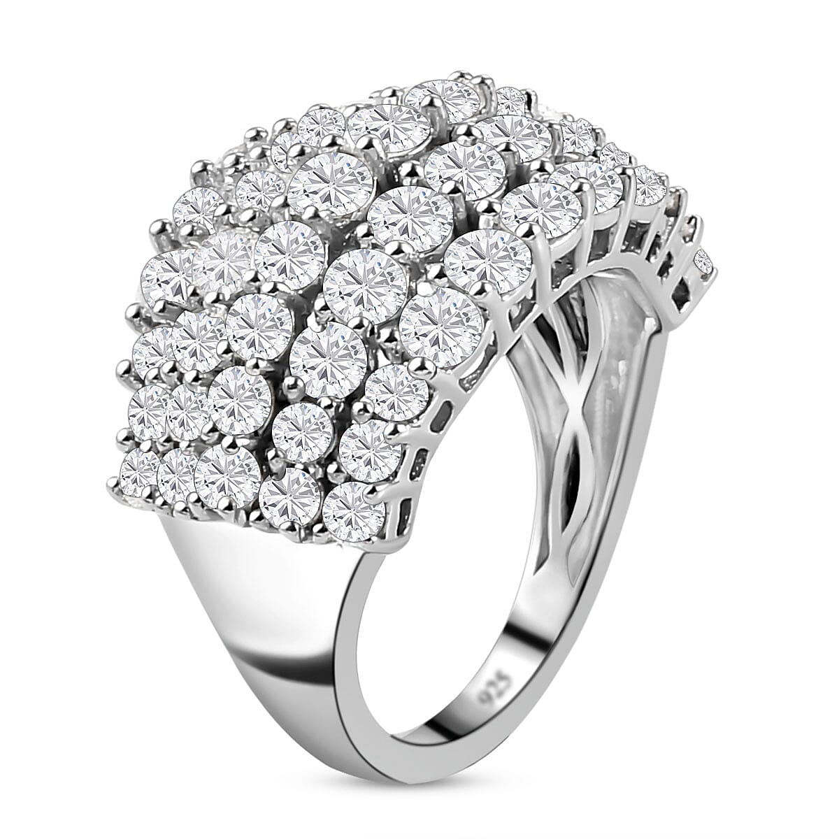 Moissanite Cluster Ring in Platinum Overlay Sterling Silver 3.44 Ct, Silver Wt. 4.60 Gms