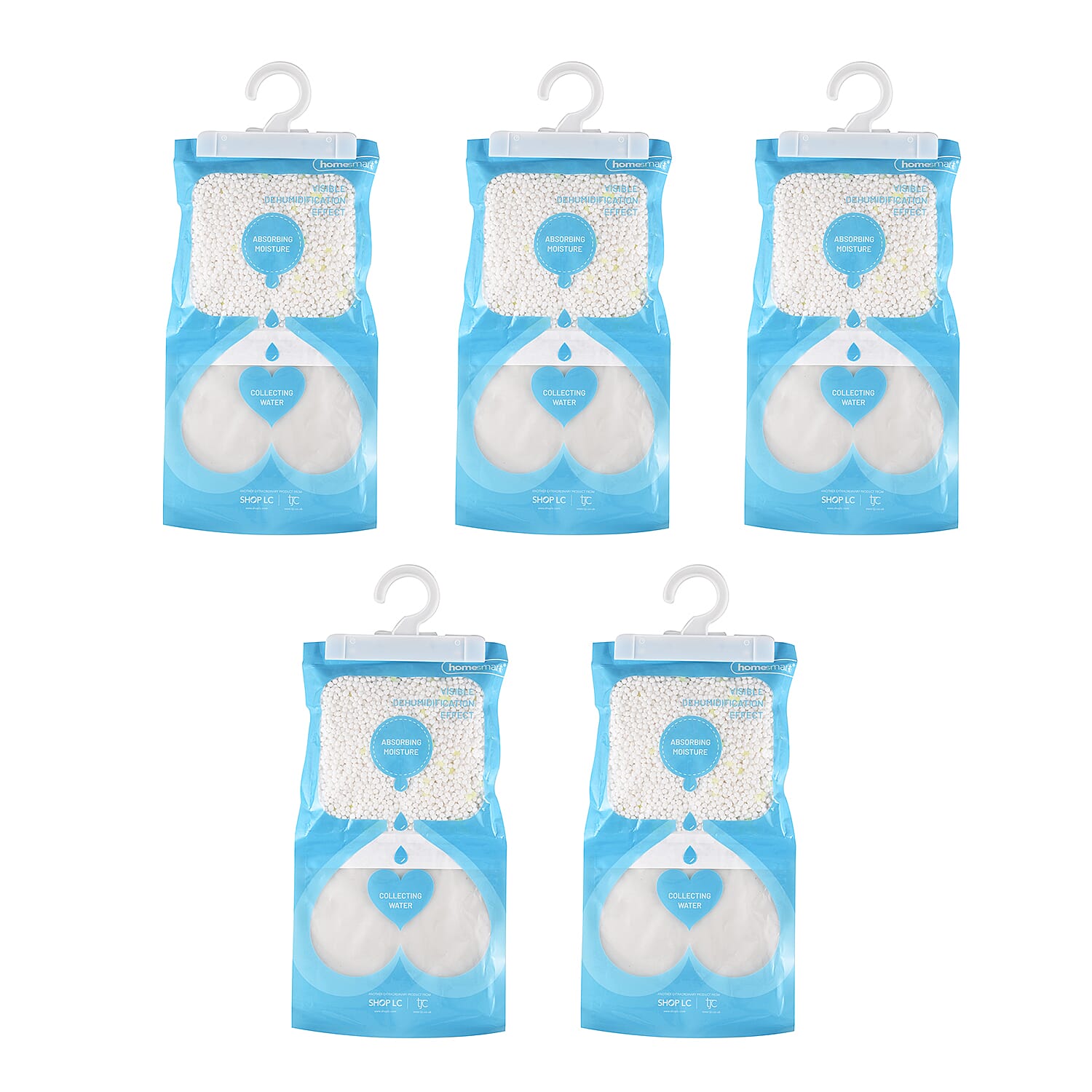 HOMESMART - Set of 5 Hanging Dehumdifier Bag, Frangrance Free, 220g Calcium Chloride per Bag, Hanging Hook