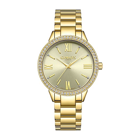 GAMAGES OF LONDON Swiss Movement Allure Dawn White Austrian Crystal Studded Watch in Yellow Gold Tone