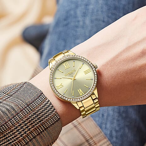 GAMAGES OF LONDON Swiss Movement Allure Dawn White Austrian Crystal Studded Watch in Yellow Gold Tone