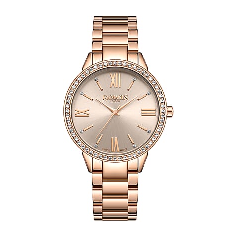 GAMAGES OF LONDON Swiss Movement Allure Dawn White Austrian Crystal Studded Watch in Rose Gold Tone