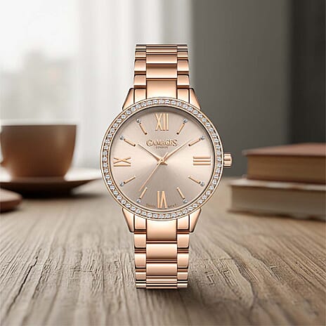 GAMAGES OF LONDON Swiss Movement Allure Dawn White Austrian Crystal Studded Watch in Rose Gold Tone