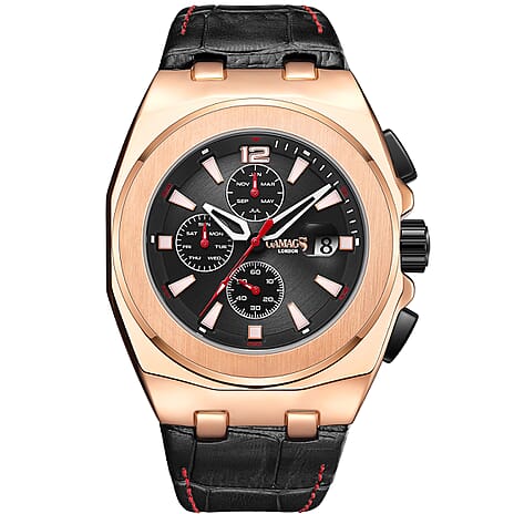 GAMAGES OF LONDON Limited Edition Hand Assembled Voyager Automatic Movement Black Dial Rose Gold Case Water Resistant Watch with Black Leather Strap