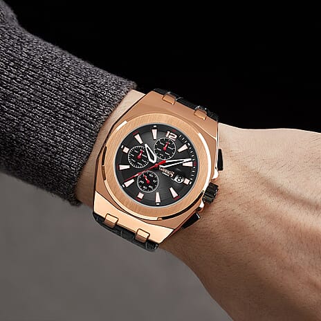 GAMAGES OF LONDON Limited Edition Hand Assembled Voyager Automatic Movement Black Dial Rose Gold Case Water Resistant Watch with Black Leather Strap