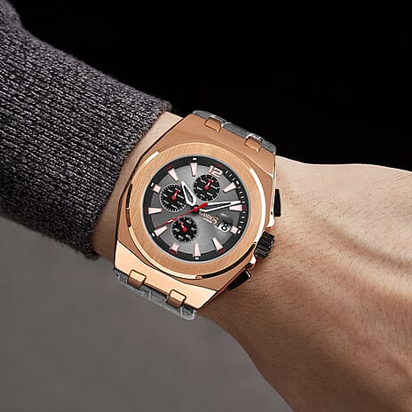 GAMAGES OF LONDON Limited Edition Hand Assembled Voyager Automatic Movement Grey Dial Rose Gold Case Water Resistant Watch with Grey Leather Strap