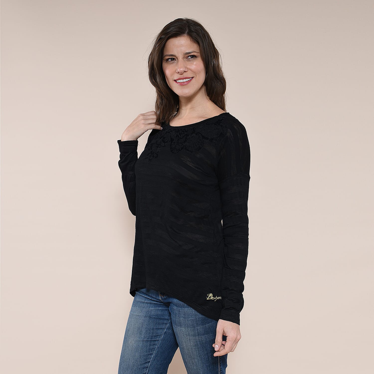DESIGUAL Floral Embroidery Long Sleeve T-Shirt - Black