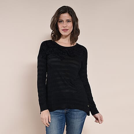 DESIGUAL Floral Embroidery Long Sleeve T-Shirt (Size XL) - Black