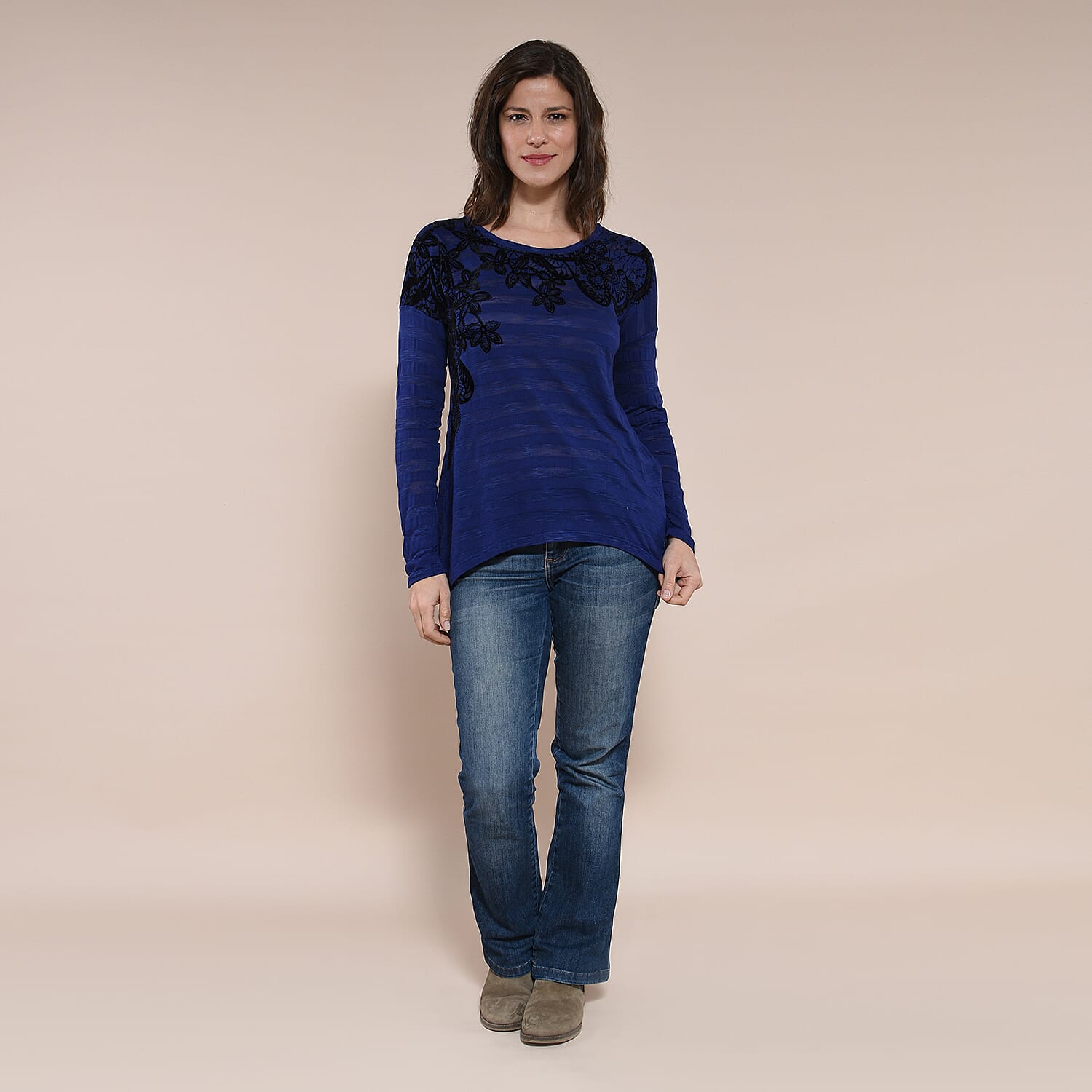 DESIGUAL Floral Embroidery Long Sleeve T-Shirt - Black