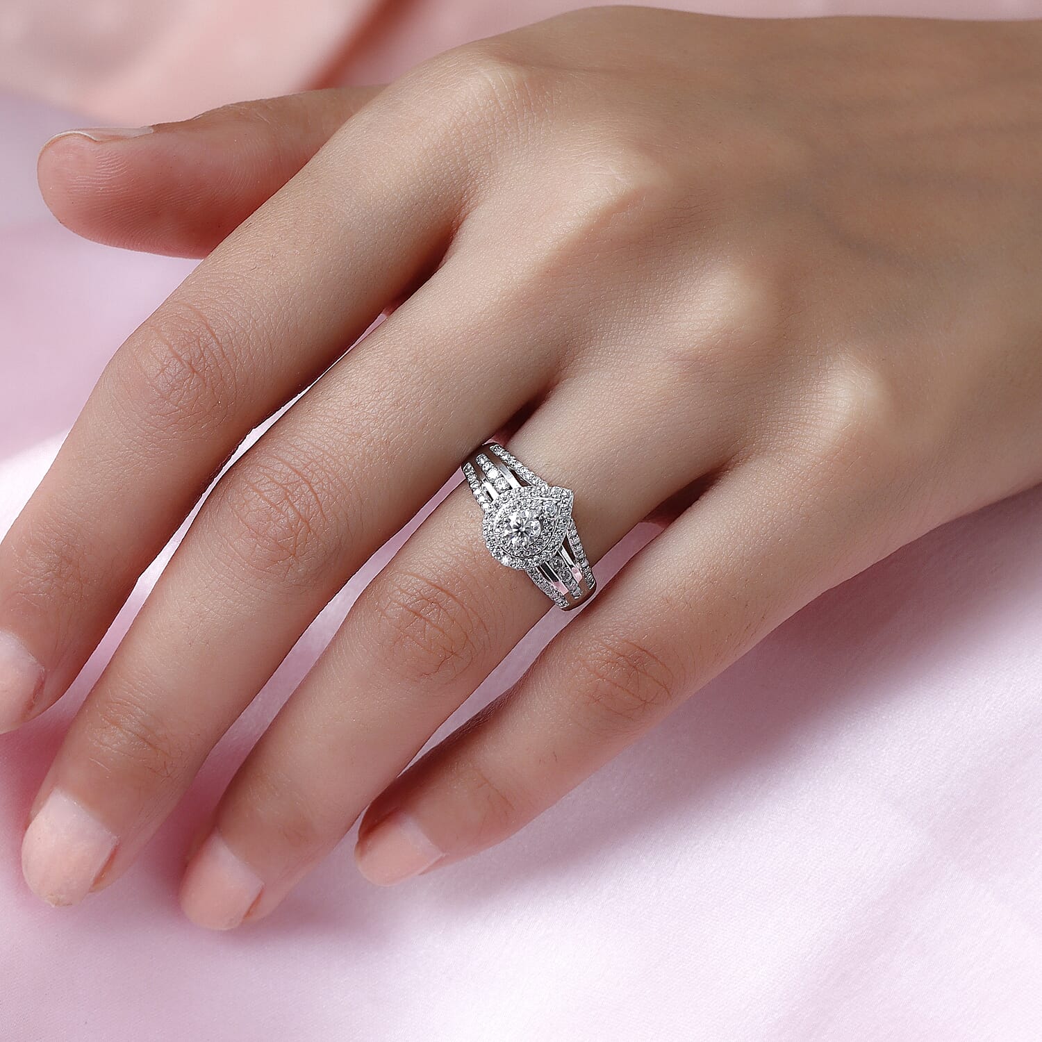 Moissanite Ring in Platinum Overlay Sterling Silver