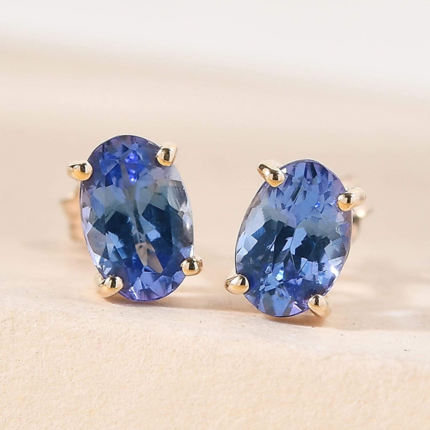 9K Yellow Gold AA Tanzanite Stud Earrings (with Push Post)