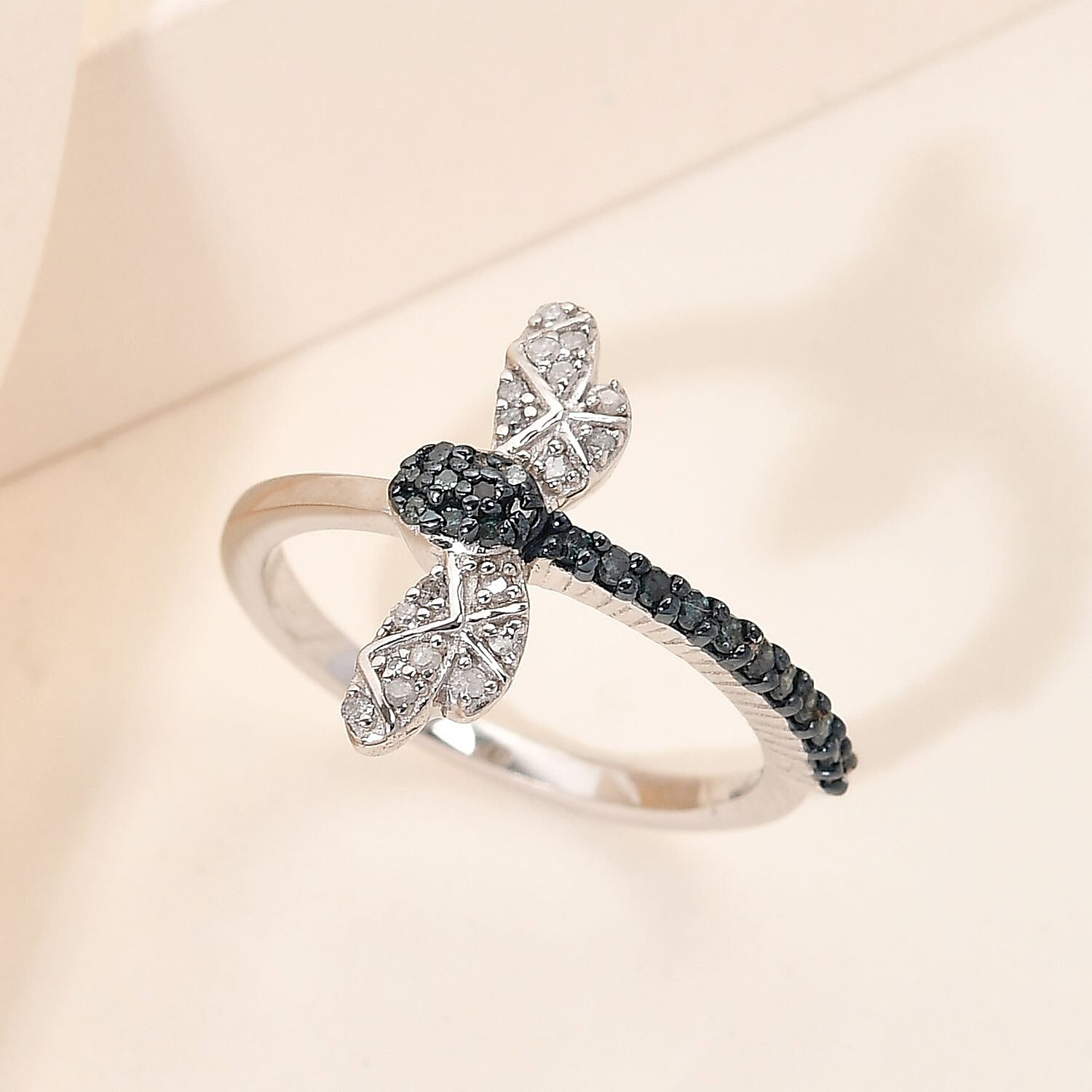 White and Blue Diamond Bee Ring in Platinum Overlay Sterling Silver