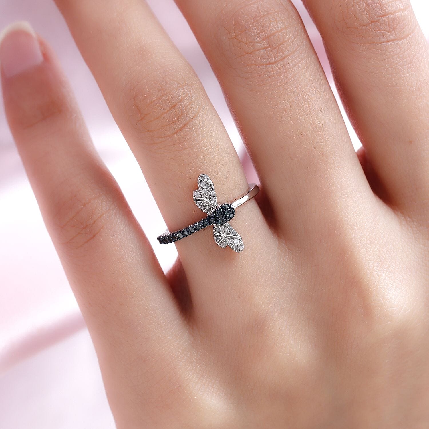 White and Blue Diamond Bee Ring in Platinum Overlay Sterling Silver