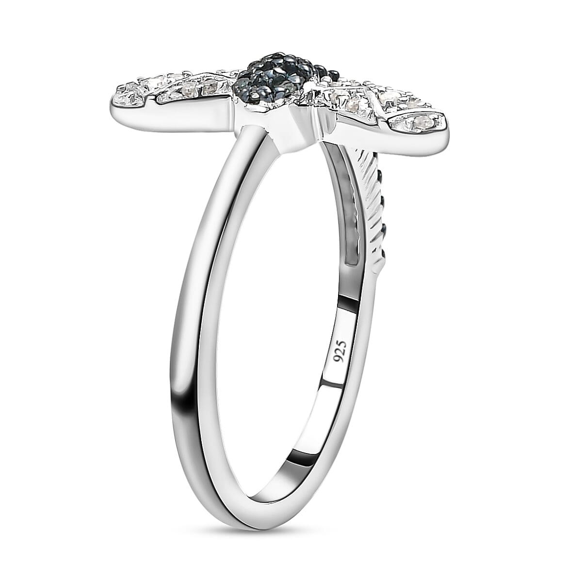 White and Blue Diamond Bee Ring in Platinum Overlay Sterling Silver
