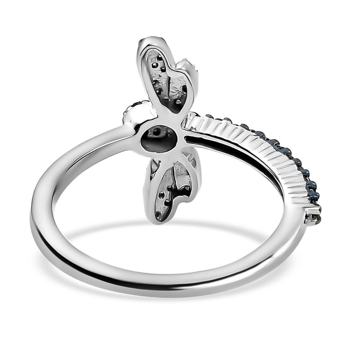 White and Blue Diamond Bee Ring in Platinum Overlay Sterling Silver