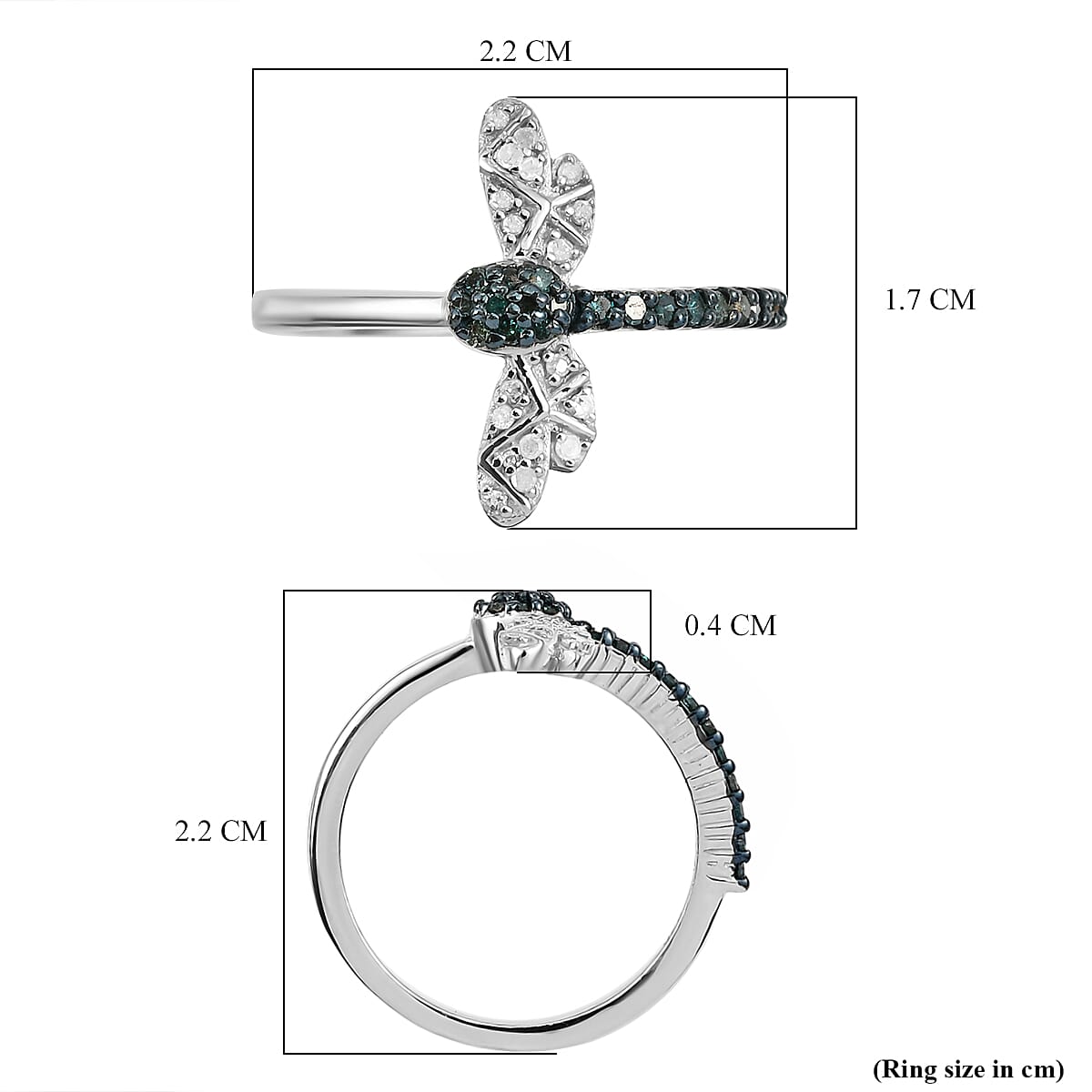 White and Blue Diamond Bee Ring in Platinum Overlay Sterling Silver