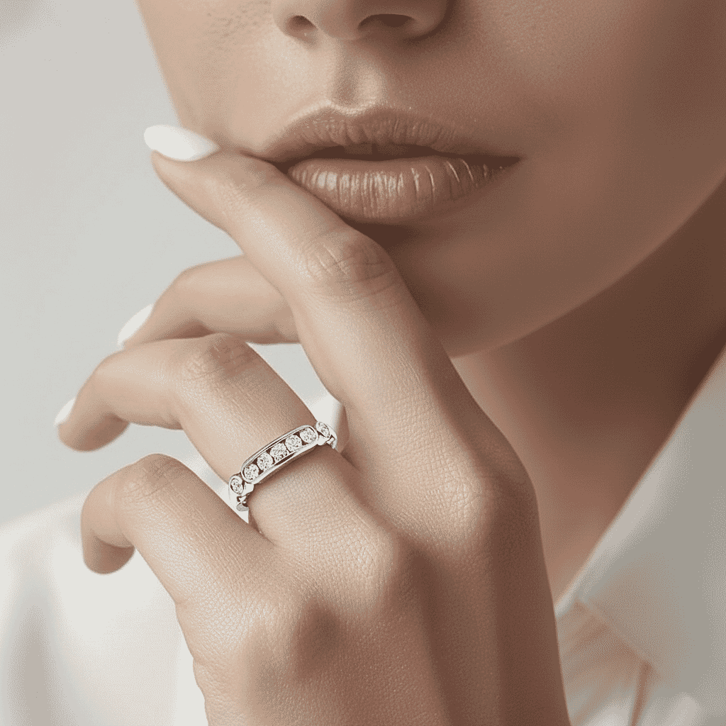 Moissanite Half Eternity Ring in Sterling Silver.