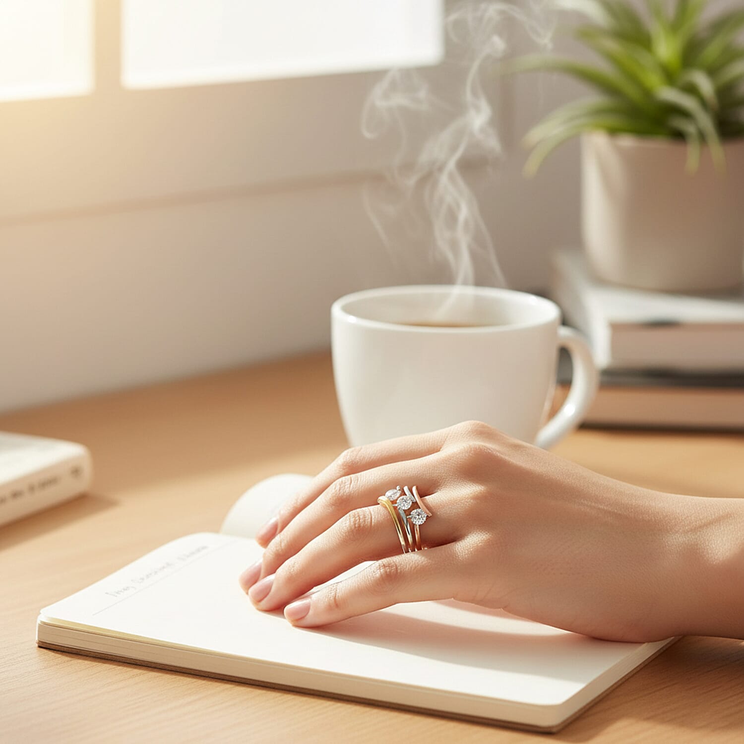 Moissanite Bypass Ring in 18K Vermeil Yellow & Rose Gold Plated & Platinum Overlay Sterling Silver 0.70 Ct.