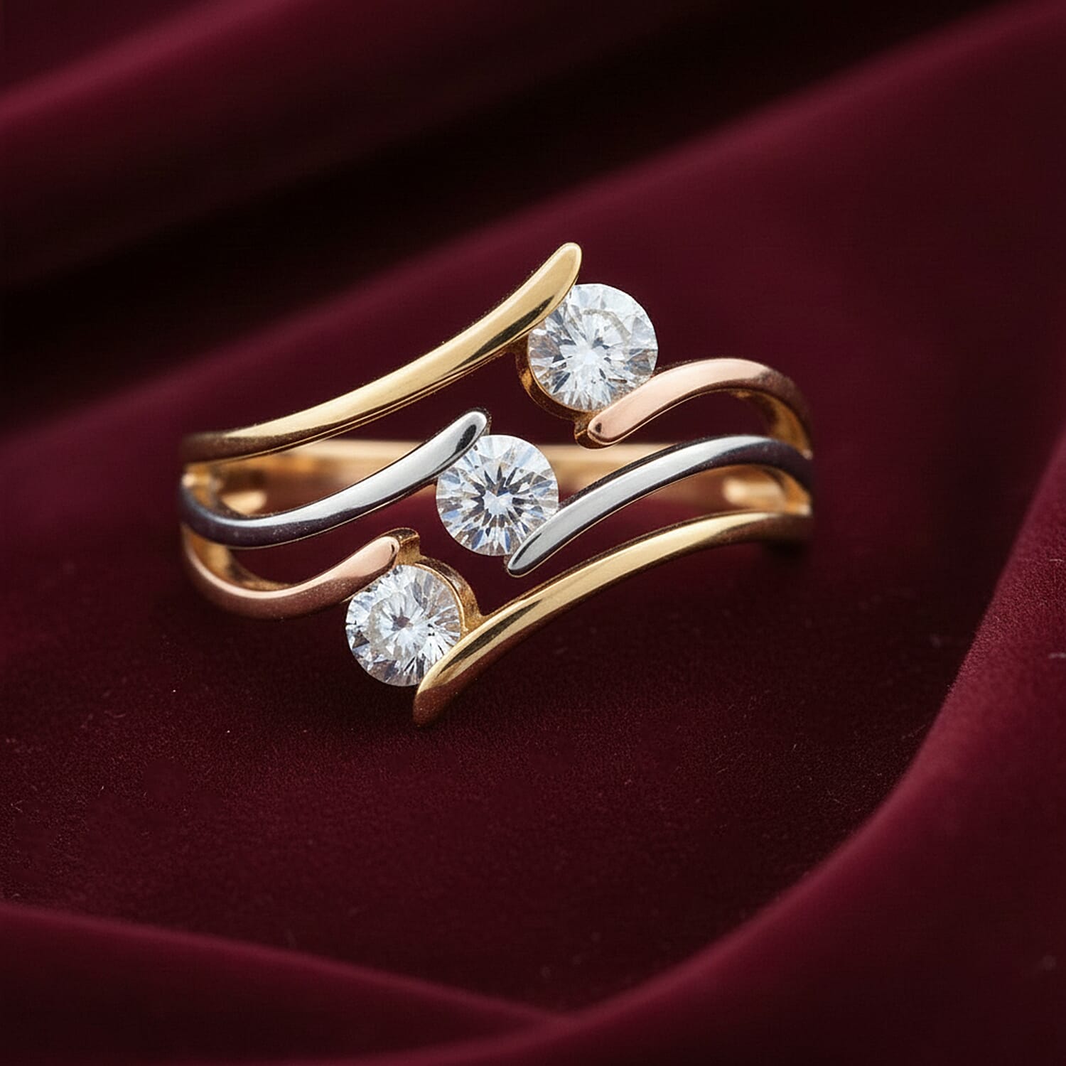 Moissanite Bypass Ring in 18K Vermeil Yellow & Rose Gold Plated & Platinum Overlay Sterling Silver 0.70 Ct.