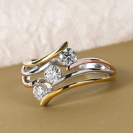 Moissanite Bypass Ring in 18K Vermeil Yellow & Rose Gold Plated & Platinum Overlay Sterling Silver 0.70 Ct.