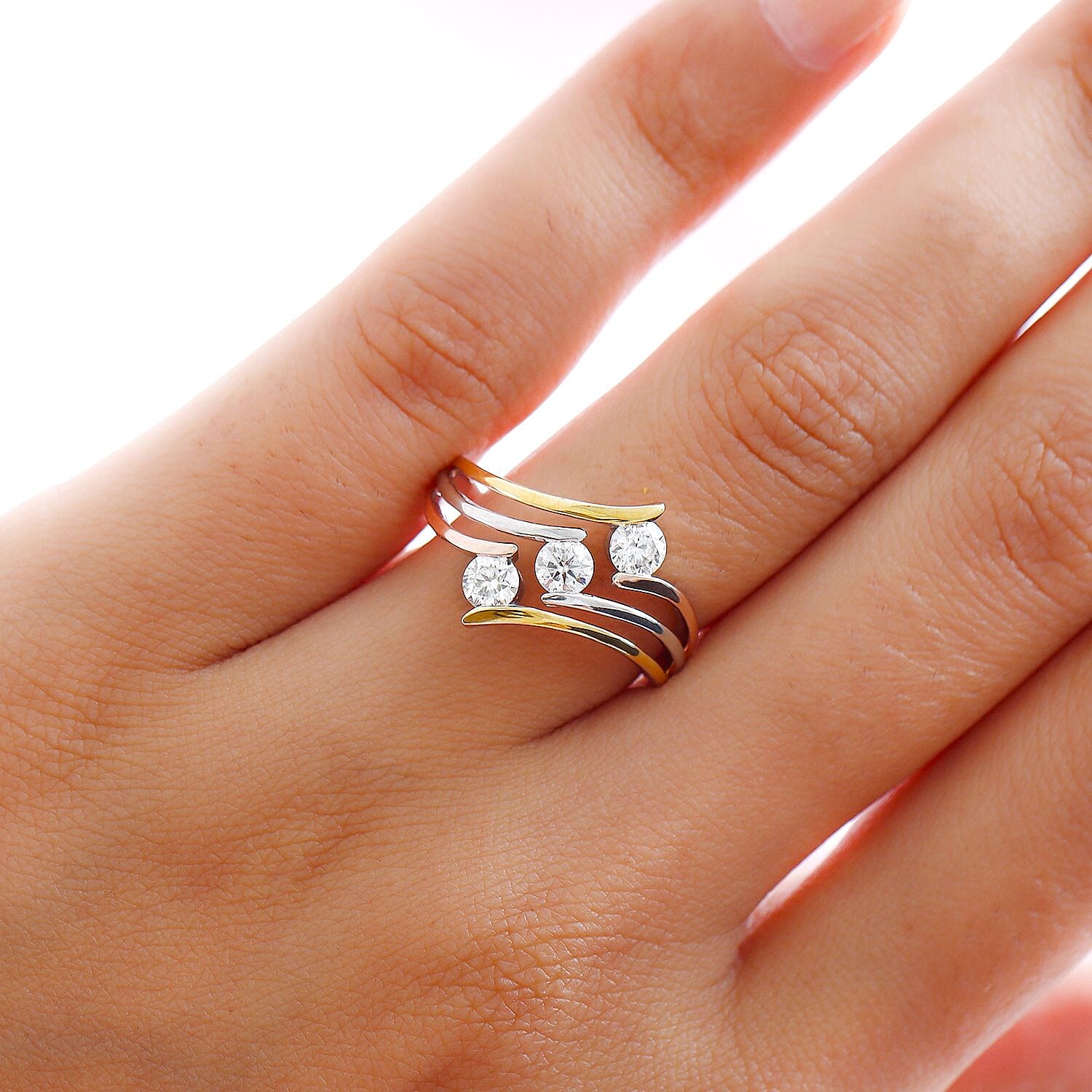 Moissanite Bypass Ring in 18K Vermeil Yellow & Rose Gold Plated & Platinum Overlay Sterling Silver 0.70 Ct.