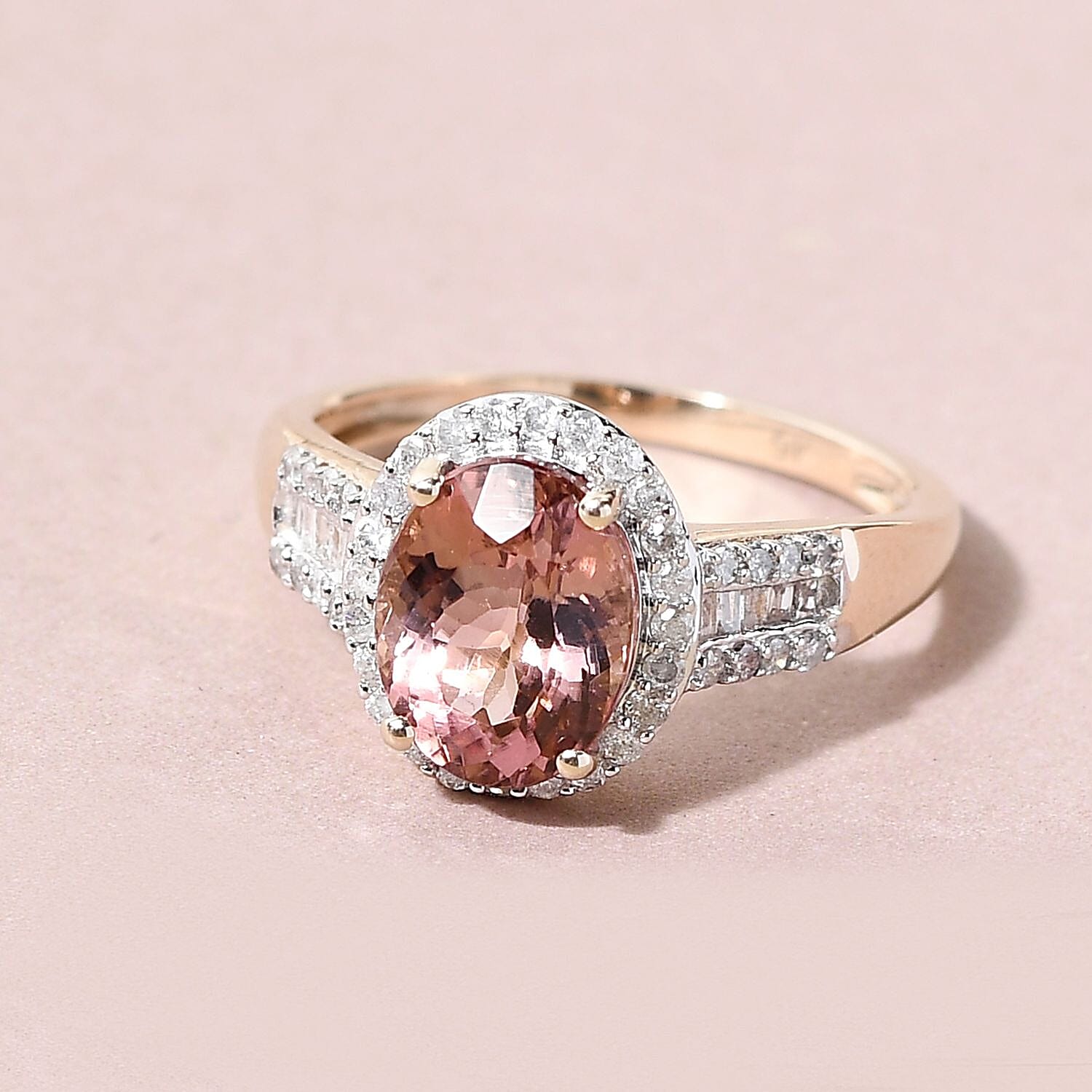 9K Yellow Gold Padparadscha Tourmaline and Diamond Ring 2.23 Ct.