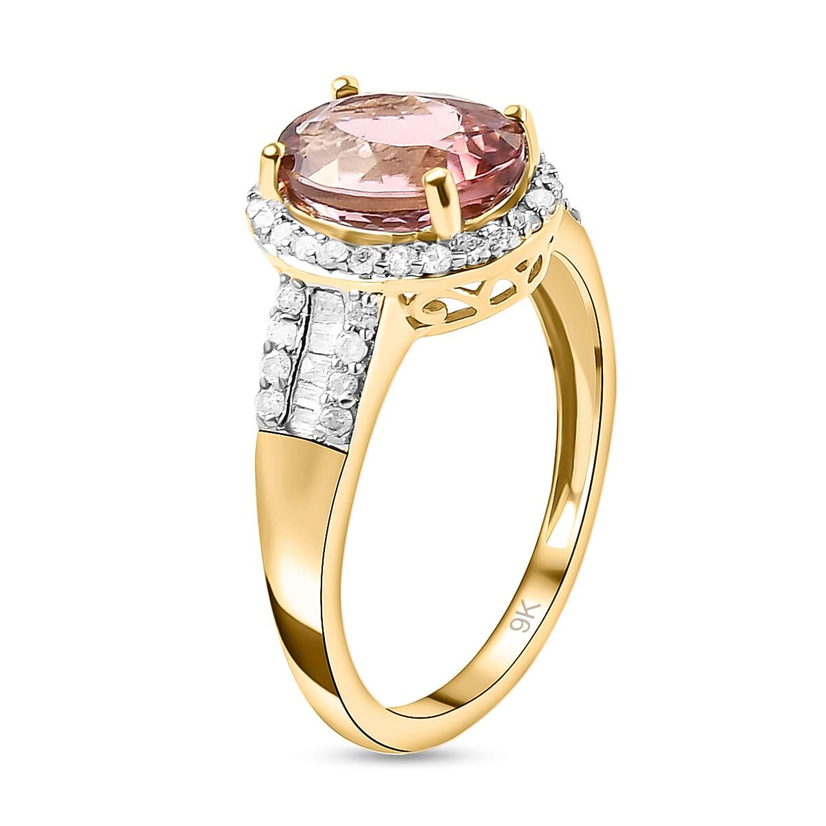 9K Yellow Gold Padparadscha Tourmaline and Diamond Ring 2.23 Ct.